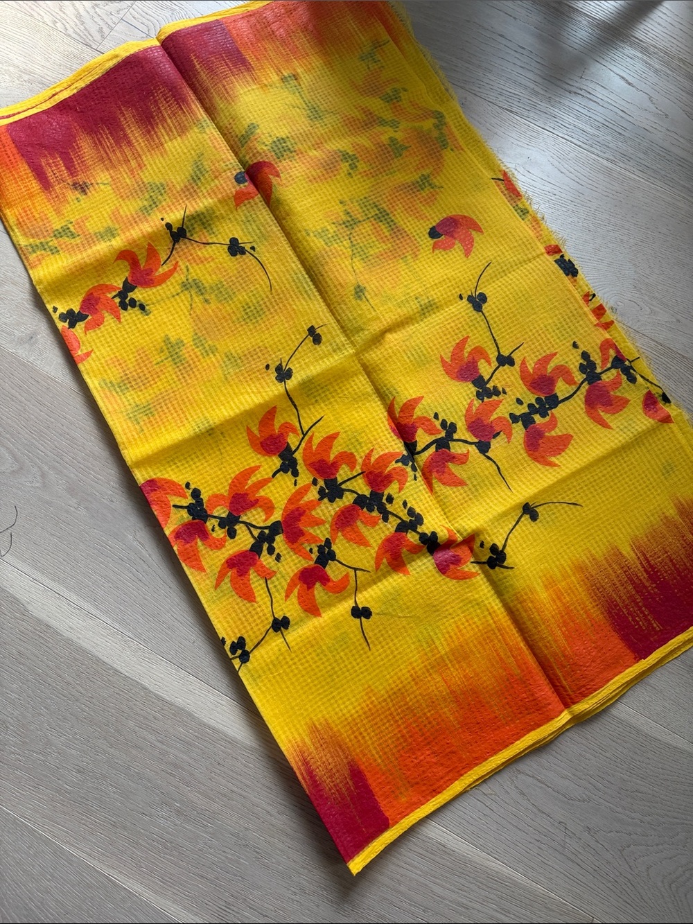 Bright Yellow Floral with Red & Black Motif Saree with handmade painting